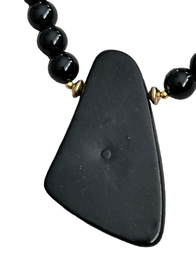 Handpainted Black Lacquer Oriental Wooden Pendant Necklace 22" Long