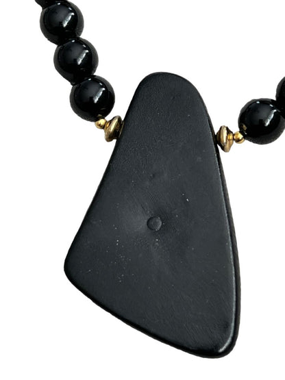 Handpainted Black Lacquer Oriental Wooden Pendant Necklace 22" Long