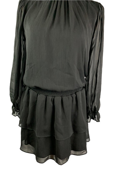 Small Express Black Blouson Sheer Long Sleeve Dress Collar