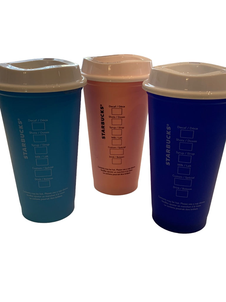 Set of 3 Starbucks Summer 2018 Reusable Lidded Plastic Cups 16 oz BPA Free