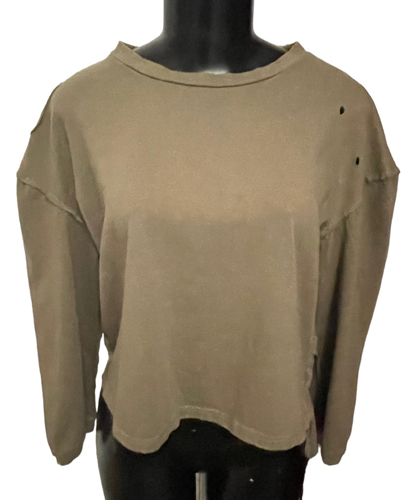 Medium Glam Los Angeles Long Sleeve Distressed Womens Top Olive Green High Low Hem