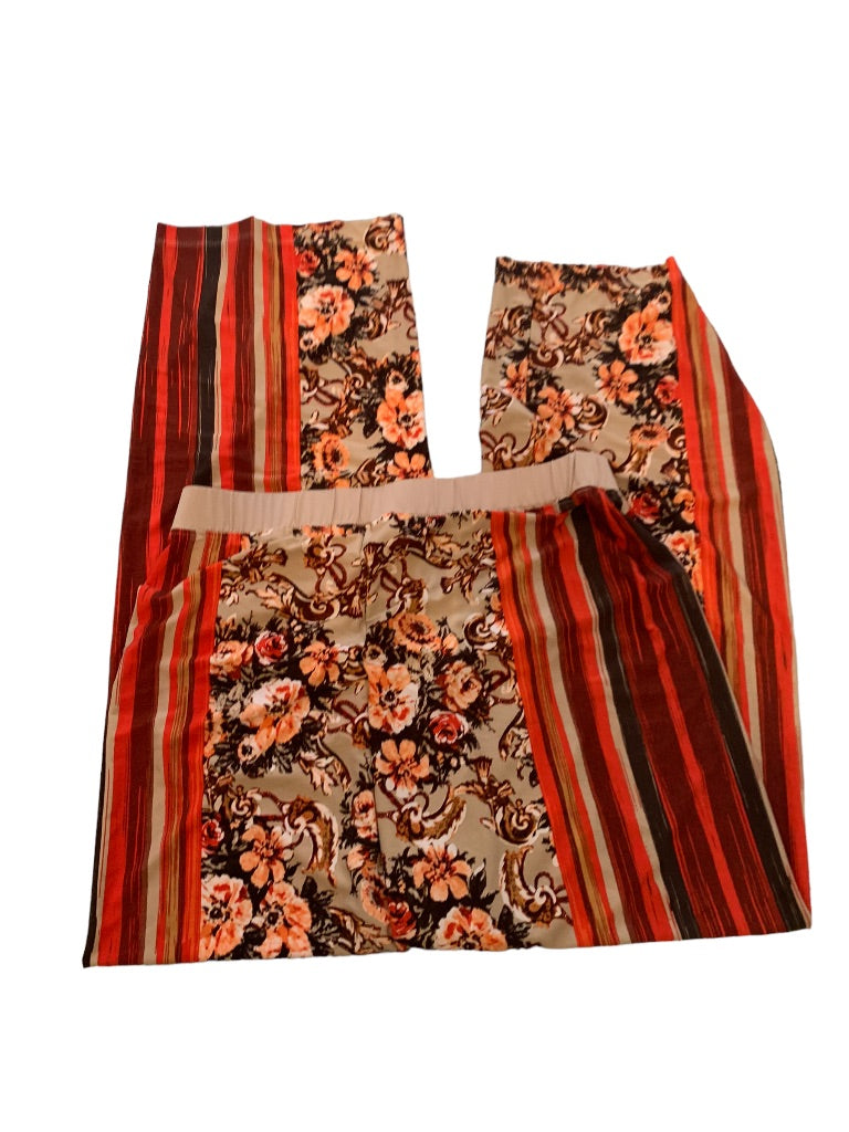 Medium Simonton Says Orange Brown Stripe Floral Women's Pull On Flowy Pants