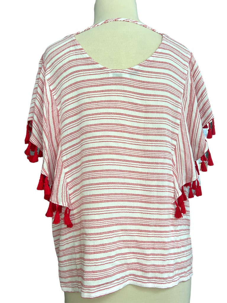 XL Joy Joy Striped Tassle Trim Boho Blouse Top