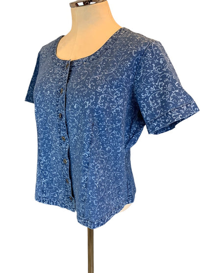 Large Requirements Women's Linen Blend Jean Short Sleeve Button Up Print