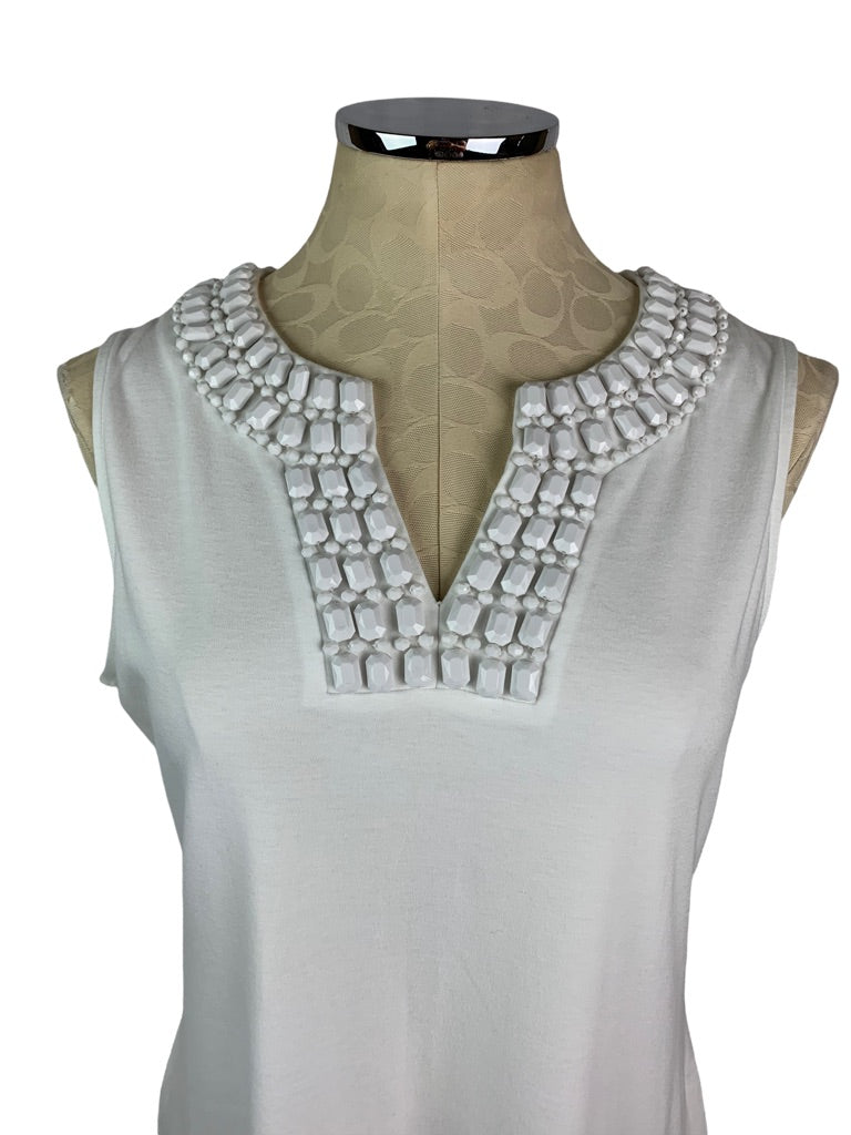 Large Talbots White Jersey Knit Sheath Dress Beaded Neckline Sleeveless Pullover