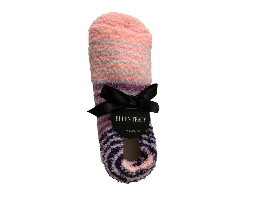 9-11 Ellen Tracy New Pair Fuzzy Socks Grip Bottoms Pink Purple Stripe