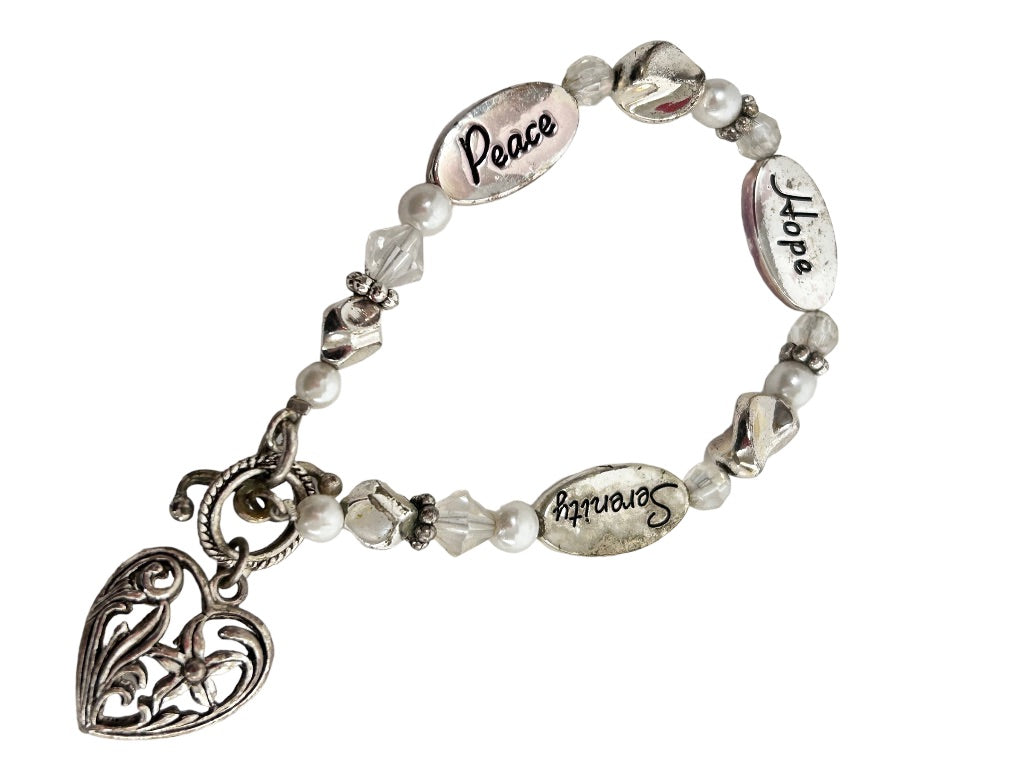 Silvertone Beaded Heart Charm Toggle Clasp 7.5" Bracelet Hope Serenity Peace