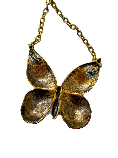 Antiqued Goldtone Butterfly Pendant Necklace 14" Chain Lobster Clasp
