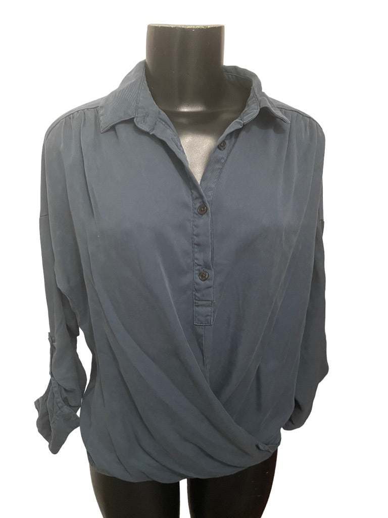 Small Harper Roll Tab Collared Womens Pullover Blouse Blue