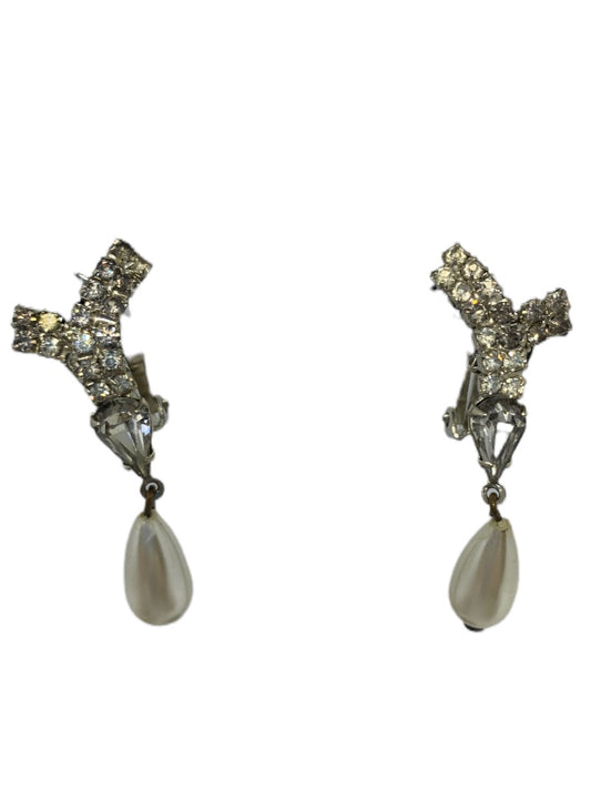 Vintage Rhinestone and Faux Pearl 1.5" Drop Clip-On Non-Pierced Earrings