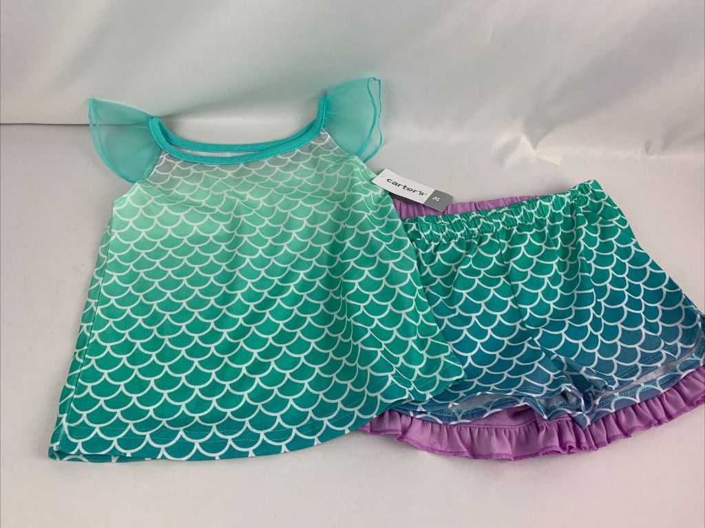 2T Carter's 3 Piece Girls Mermaid Pajamas Shorts and Short Sleeve Top