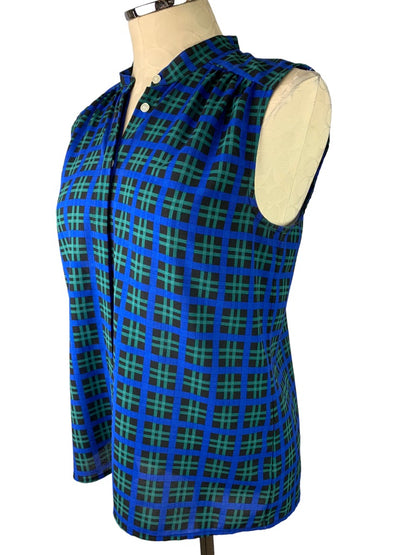 6 J.Crew Women's Sleeveless Blue Plaid Blouse Button Up Sheer Style#G2249