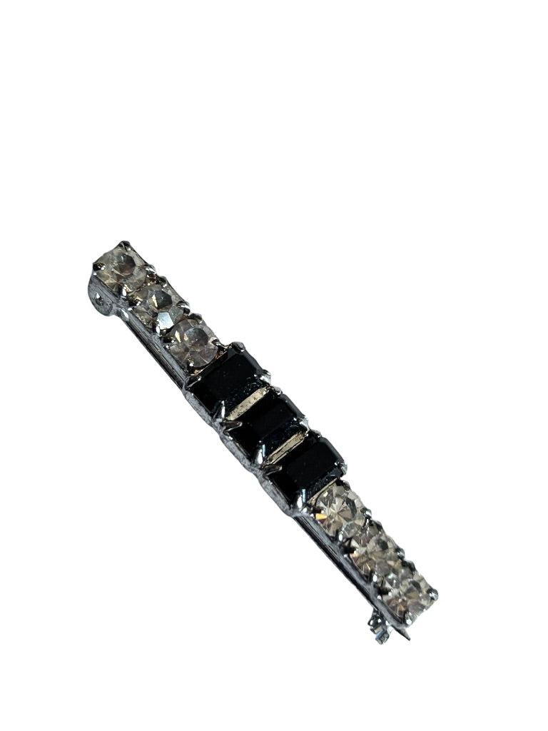 Vintage Rhinestone Bar Brooch Silvertone Clear Black 1.5"