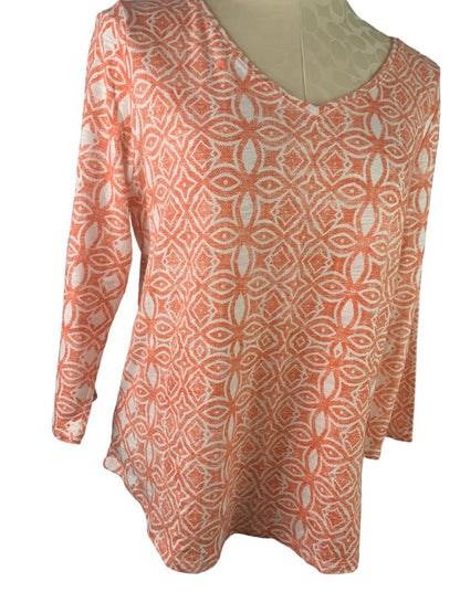 Medium Chico's (Size 1) Women's The Ultimate Tee Orange White Print V-Neck 3/4 Sleeve Top