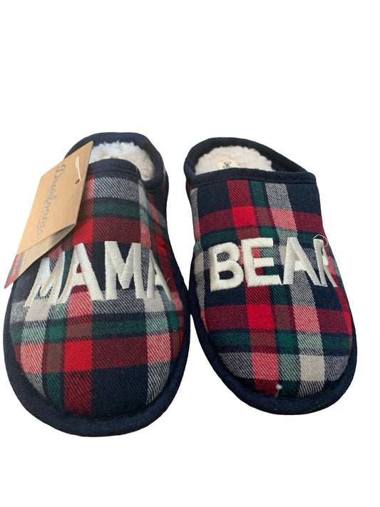 Small (5/6) Dearfoams Women's New Hard Bottom "Mama Bear" Slippers Navy Red Plaid