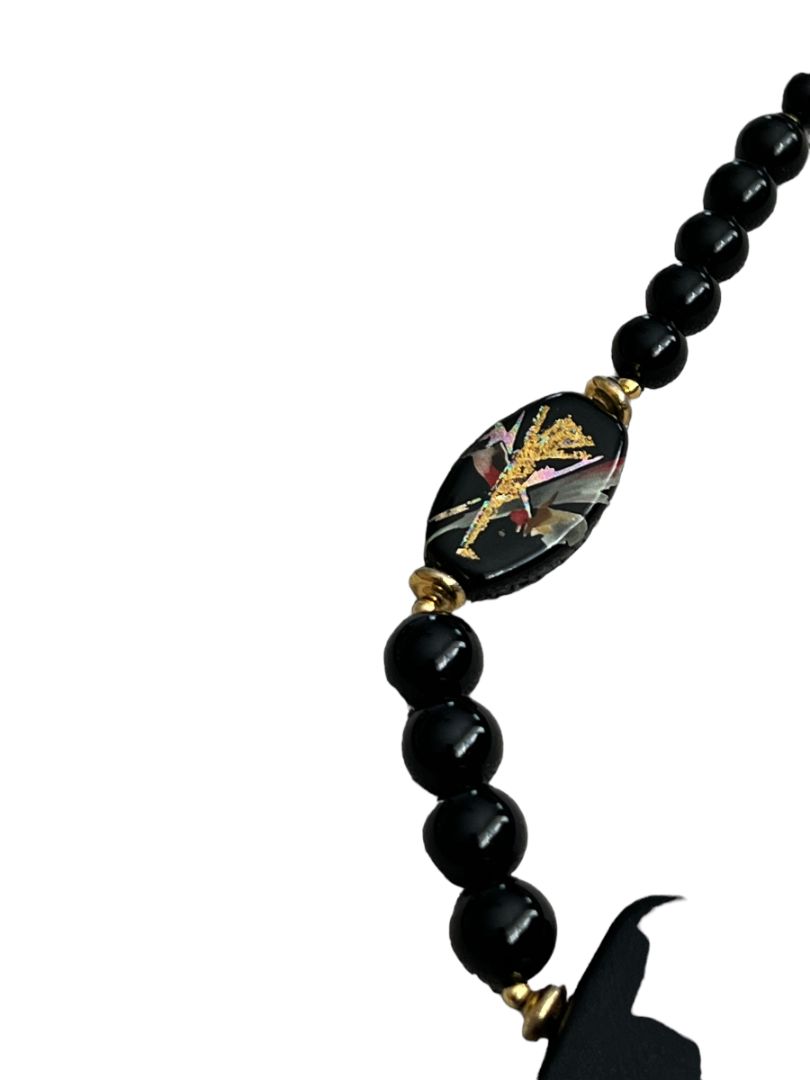 Handpainted Black Lacquer Oriental Wooden Pendant Necklace 22" Long