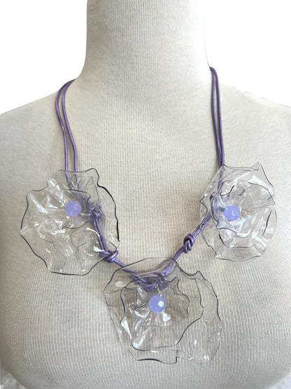 Upcycled Flower Statement Necklace Satin Cord Plastic Bottle Flowers Toggle Clasp