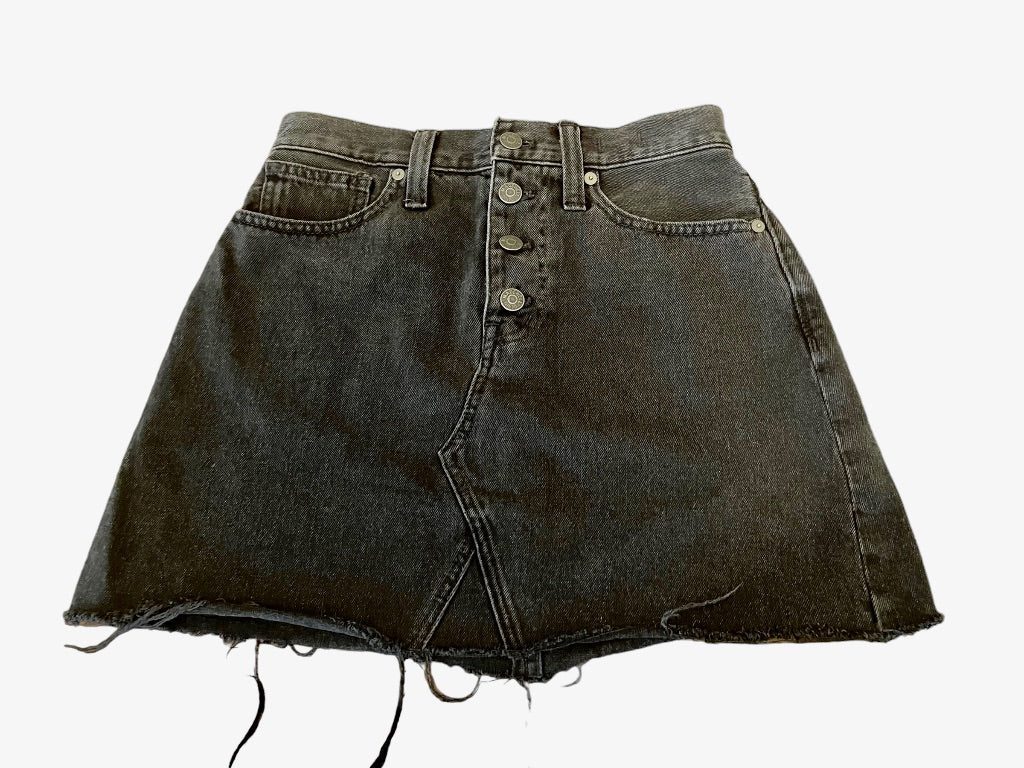 26 Madewell Rigid Denim A-Line Frayed Hem 4 Button 4 Pocket Skirt Black Jean