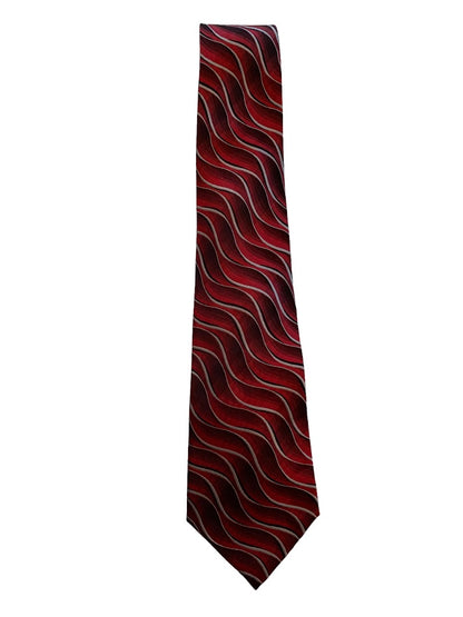 Van Heusen Men's 58" Necktie Tie 100% Silk Stain Resistant Red Gray Wave Pattern