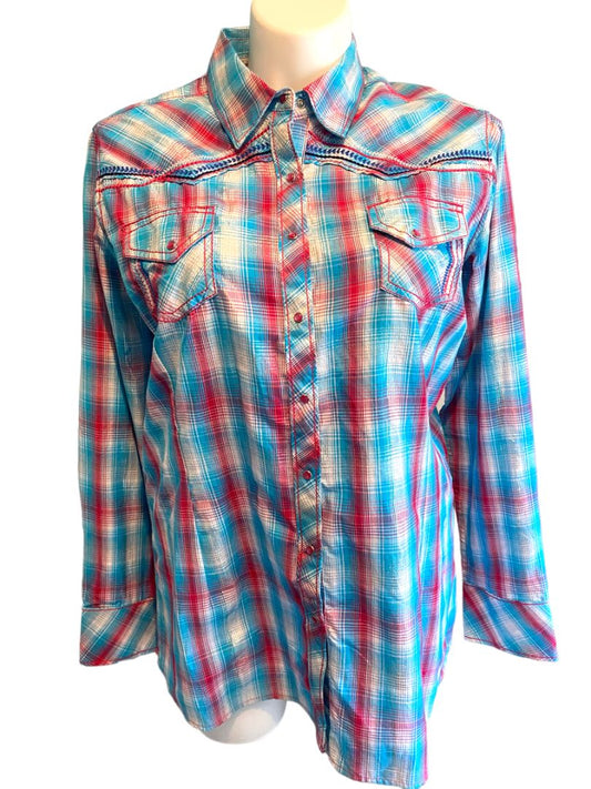 XXL Ariat Women's Plaid Western Snap Front Shirt Rockabilly Metallic Accent