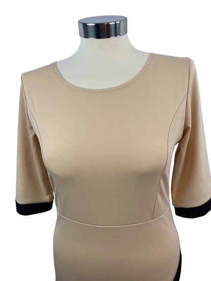 Medium Lupsona Stretch Sheath Dress 1/2 Sleeve Tan Black Trim