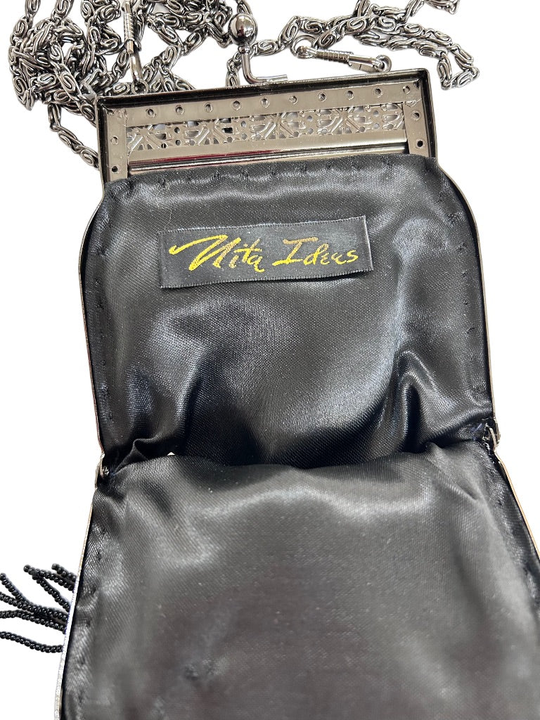 Nita Ideas Beaded Fringed Evening Bag Hinged Clasp Detachable Crossbody Chain