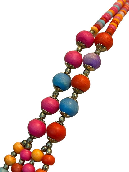 Multistrand Wooden Beaded Multicolor Bib Necklace Brasstone Beads 23.75"