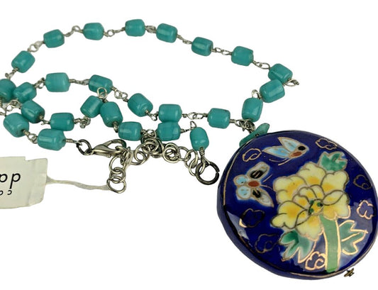 Carol Dauplaise Enameled Pendant Necklace New 17" Blue and Turquoise