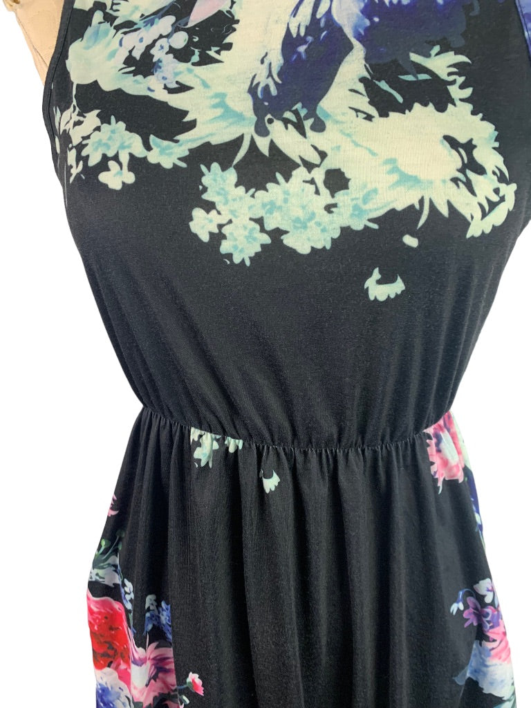 Small Ours Black Dress Sleeveless Jersey Knit Floral Pullover Pockets