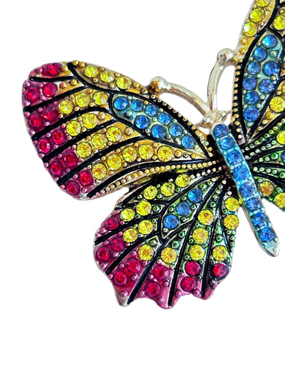 Bright Crystal Butterfly Brooch Pin Blue Yellow Red Goldtone Setting 1 7/8"