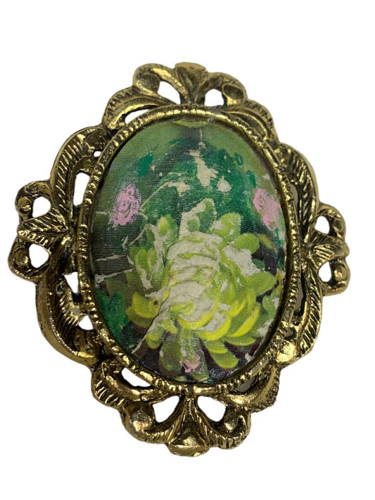 Vintage Goldtone Eggshell Brooch Pendant Rose Overaly 2.5"