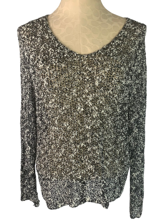 XL Chico's Black Women's White Loose Woven Sweater Lagenlook V-Neck