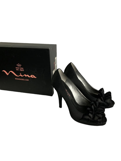 6M Nina "Evelixa" Black Satin Peep Toe 4" Heels Leather Sole