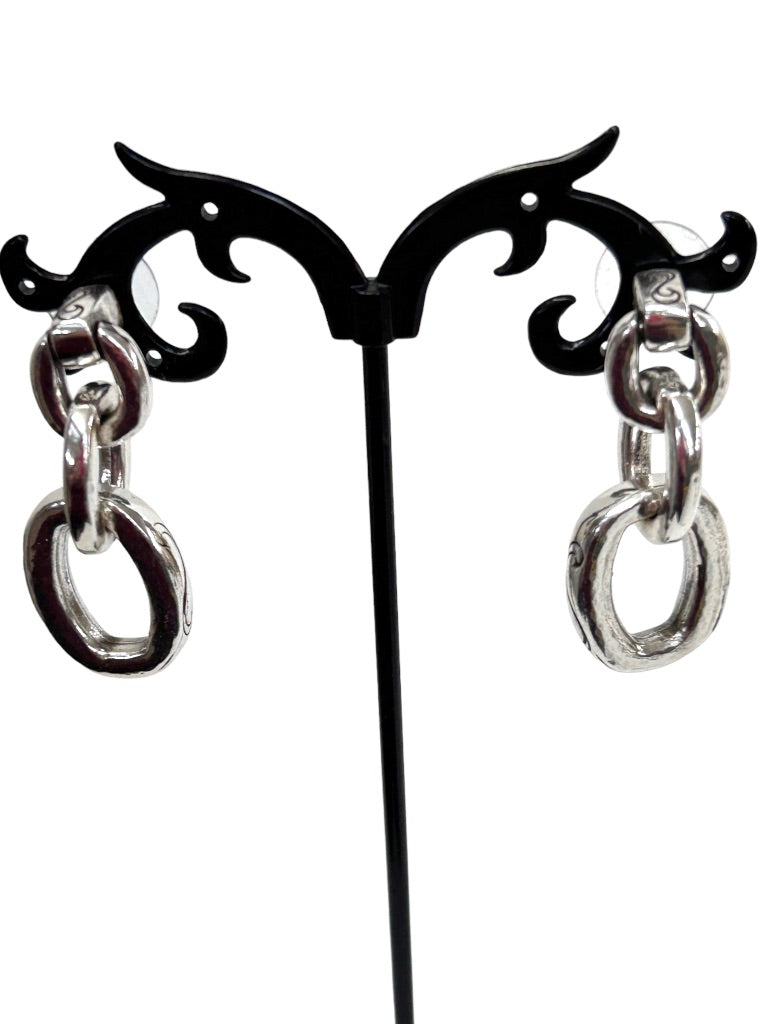 Silvertone Linked Chain Post Pierced Earrings Etched 1 5/8" Drop Dangle