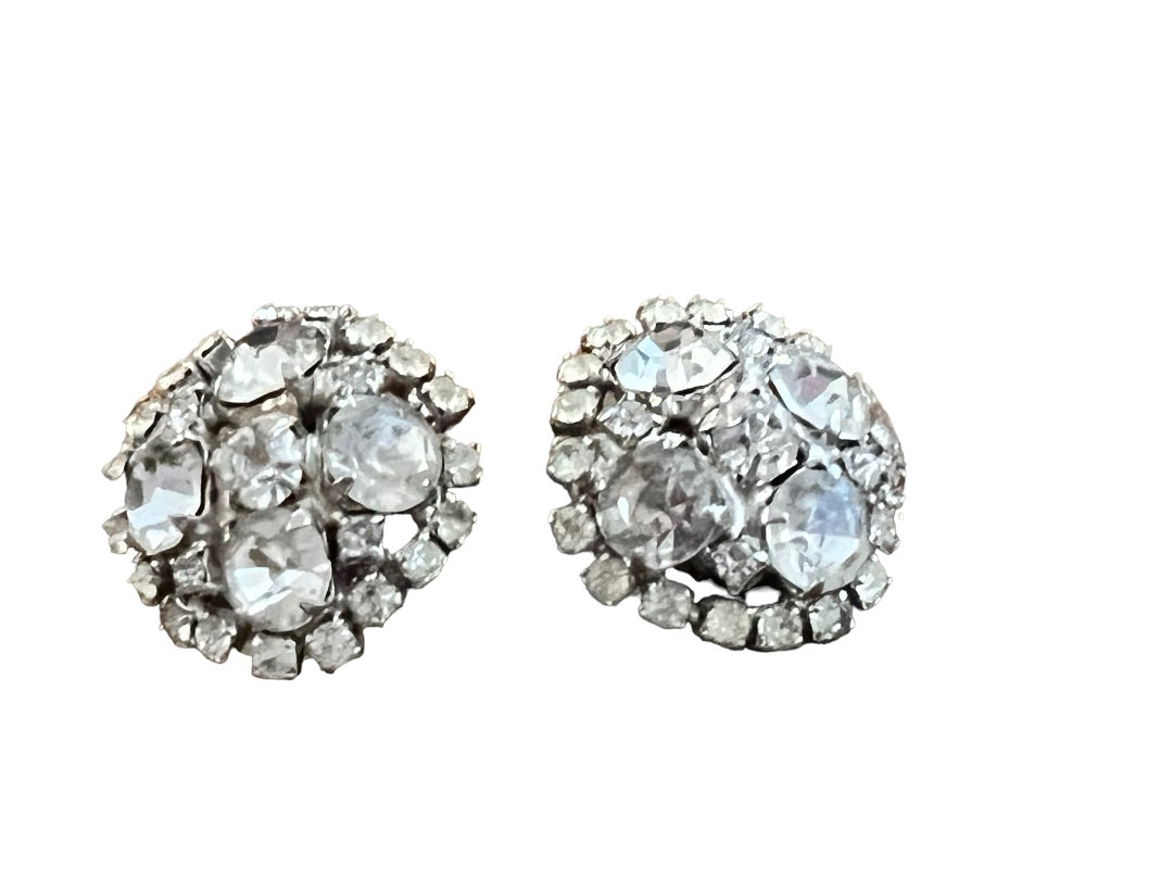 Vintage Formal Rhinestone Round Clip On Earrings Evening Bling