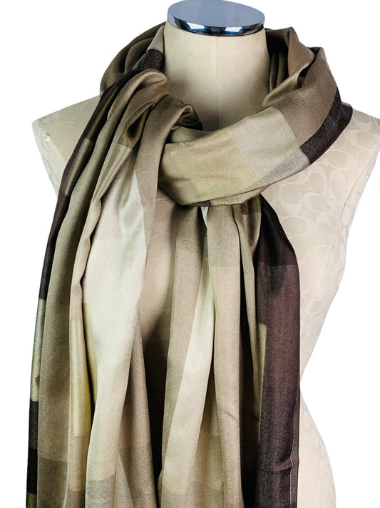 Brown Square Print Light Sheen Shawl Scarf Fringed 29" x 82"