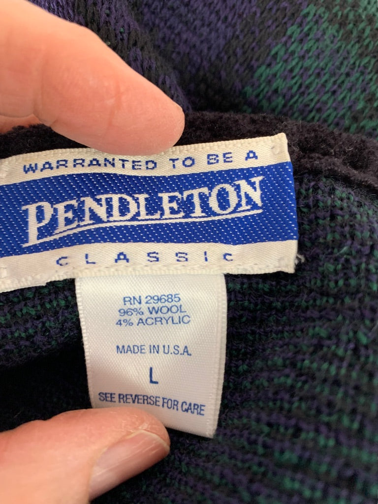 Large Pendleton USA Women's Green Navy Plaid Wool Blend V-Neck Cardigan Sweater