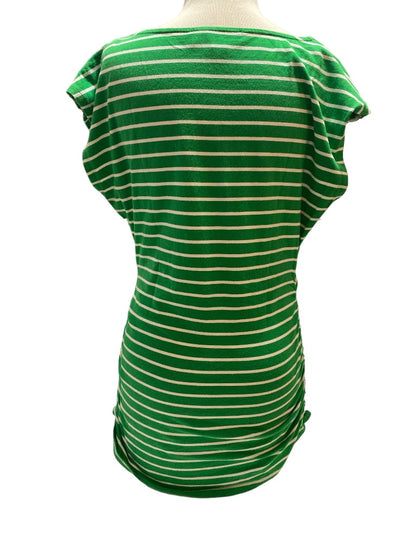 Large Michael Kors Green and White Striped Sleeveless Shirt Zip Shoulder Rouched Sides