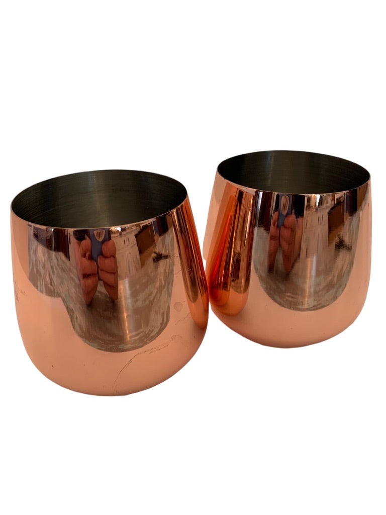 Set of 2 Copper Plated Stemless Wine Tumbler Drinking Glasses Barware