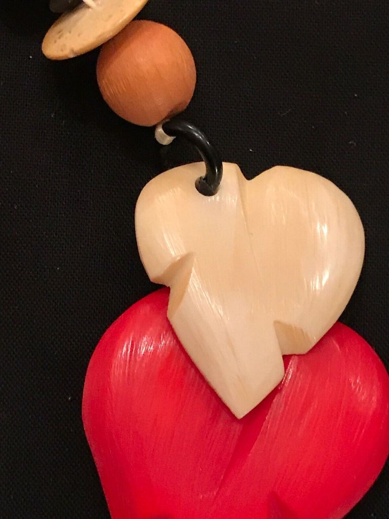 Vintage Red White Wooden Large Bead Necklace Leaf Shape 24"