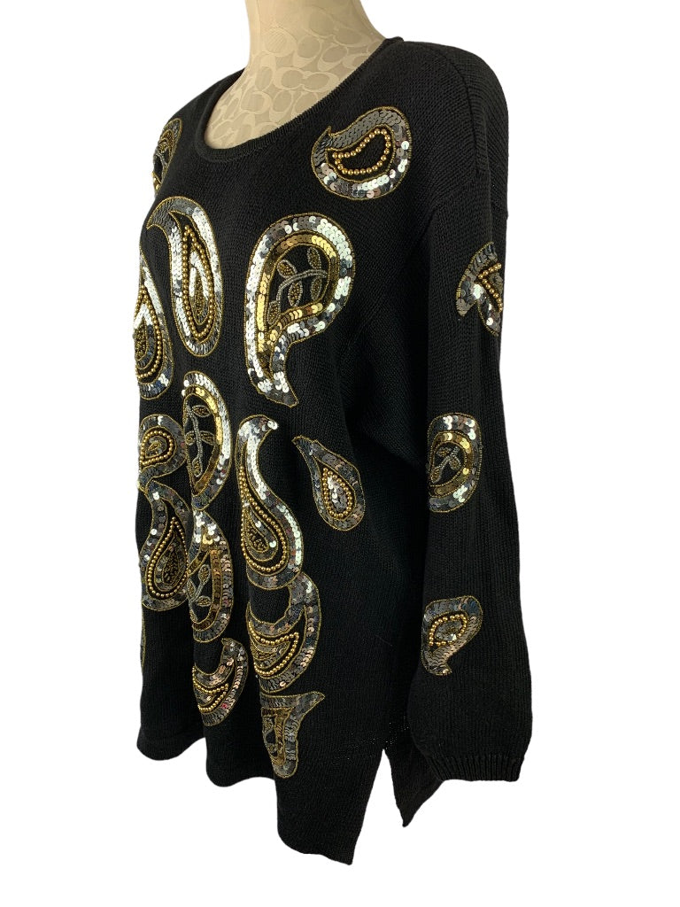 18/20 Venezia Vitale Vintage Women's Sweater Black Paisley Beaded Sequin Gold Silver