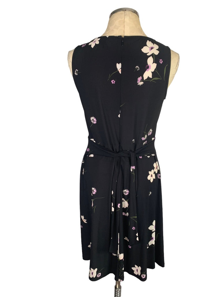 Medium Chaps Women's Floral Print Black Dress Sleeveless Tie Waist Back Zip