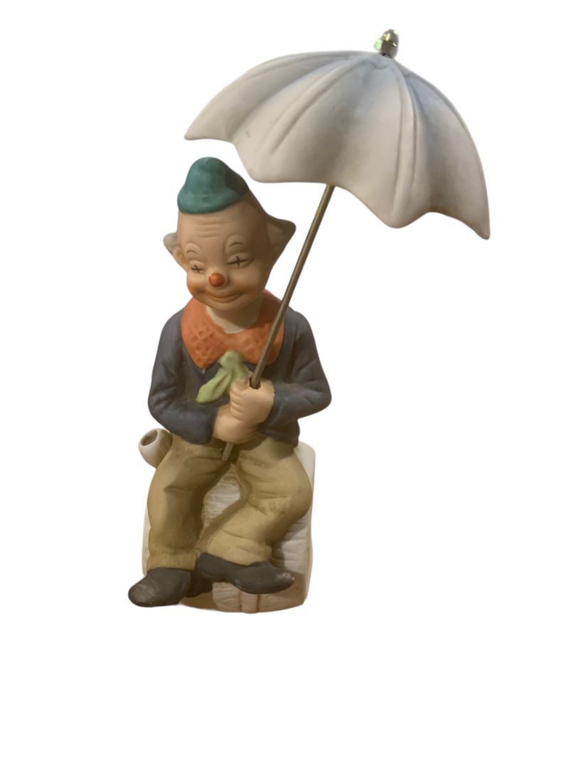 Vintage 1970s Clown Sitting on Barrel Holding Umbrella 8" Porcelain Figurine