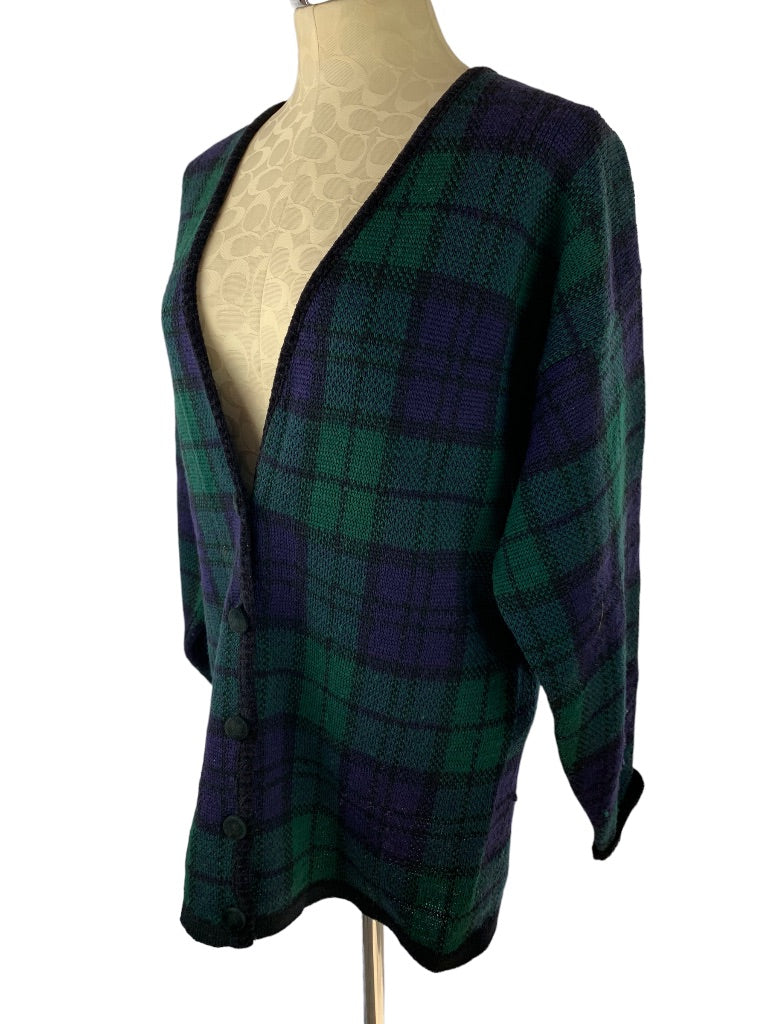 Large Pendleton USA Women's Green Navy Plaid Wool Blend V-Neck Cardigan Sweater