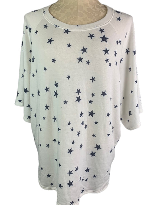 Medium Crepas Women's Oversize Pullover Shirt White Blue Stars Short Sleeve