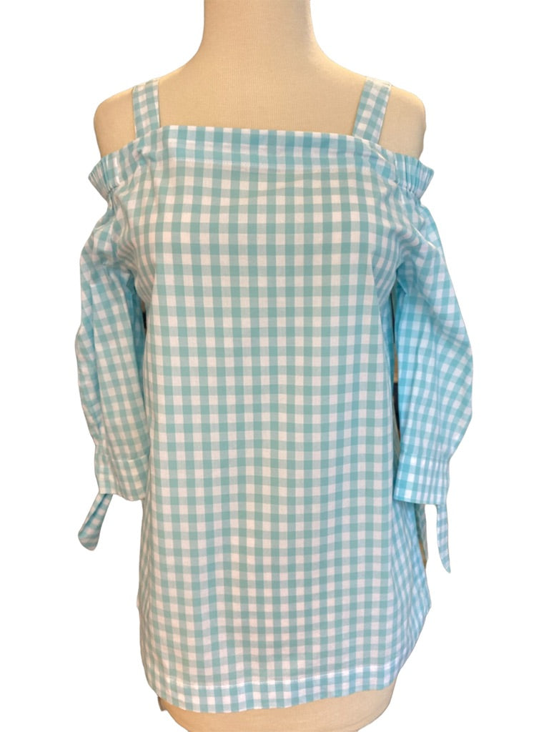 XS Tyler Boe Turquoise White Gingham Cotton Blouse NWT