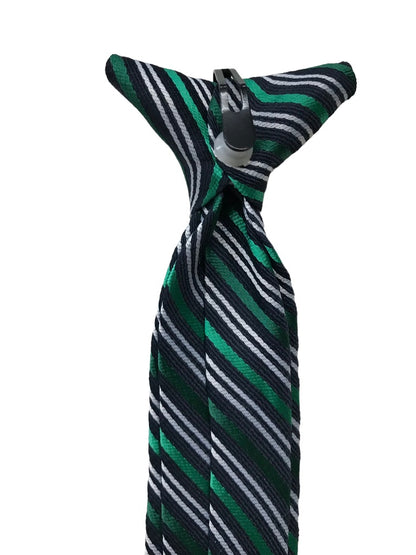 Boy's Navy Blue and Green Stripe Clip On Necktie Tie 15"