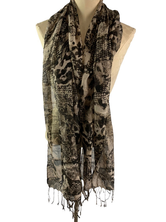 Chico's Lightweight Scarf Tan Black Fringed Mixed Reptile Print 24" x 70"