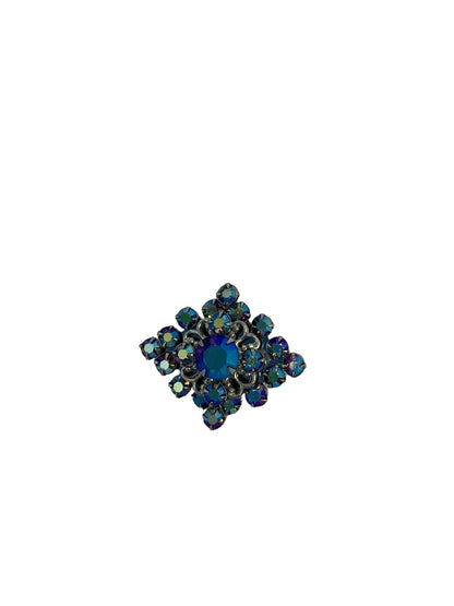 Vintage Blue Rhinestone Aurora Borealis Brooch Pin 1.5" x 1" Silvertone Setting