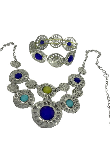 Silvertone 21" Bib Necklace and Stretch Bracelet Jewelry Set Blue Blue Yellow Acrylic